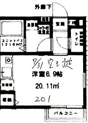 CASA武蔵台 2階1Kの間取り