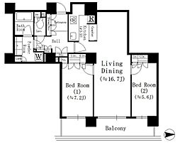 リバーポイントタワー 2LDKの間取図画像