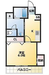 第二若木コーポ 3階1Kの間取り