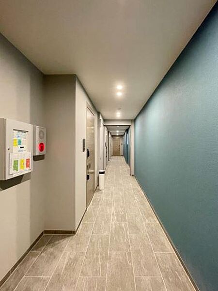 画像15:【共用廊下】ホテルライク仕様の屋内共用廊下は、プライバシーを守るだけでなく、ブルーのアクセントクロスを施し、特別感を演出しました。