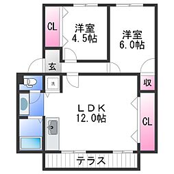 ローズアベニュー 1階2LDKの間取り