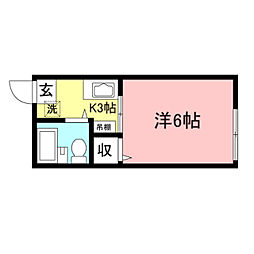 シティハイム下馬公園 2階1Kの間取り