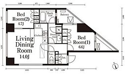パークキューブ春日安藤坂 14階2LDKの間取り
