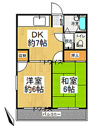 JR青梅線 河辺駅 バス6分 中郷下車 徒歩4分の賃貸マンション 3階2DKの間取り