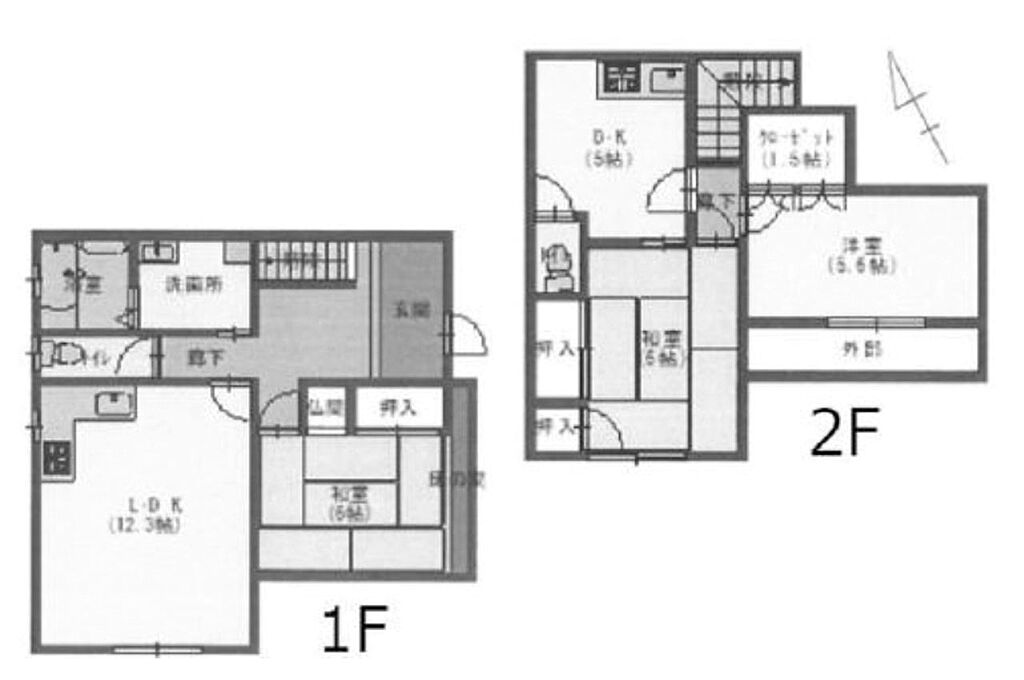 1・2階共に居室とキッチンがある二世帯向き3LDDKKの間取りです。