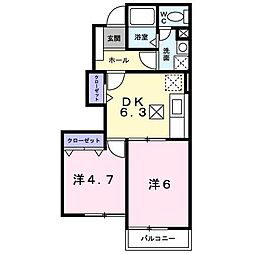 ヌーベル・オーブＡ 1階2DKの間取り