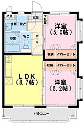 JR日豊本線 西都城駅 徒歩17分の賃貸マンション 3階2LDKの間取り