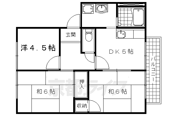 キャニオンビレッジ　Ｂ棟 203｜京都府京都市山科区東野舞台町(賃貸アパート3DK・2階・46.00㎡)の写真 その2