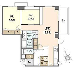 白金三光坂パークマンション 2階2LDKの間取り