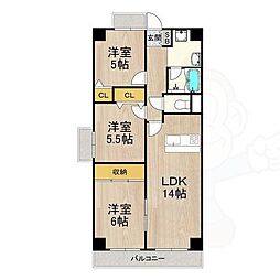 JR東海道・山陽本線 摂津富田駅 徒歩14分の賃貸マンション 2階3LDKの間取り