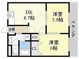 JR東海道・山陽本線 摂津富田駅 徒歩12分の賃貸マンション 3階2DKの間取り