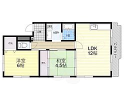 阪急京都本線 富田駅 徒歩14分の賃貸マンション 3階2LDKの間取り
