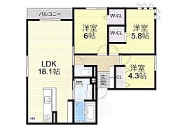 クラシスト万代 3LDKの間取図画像
