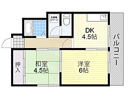 中道ハイツ 2DKの間取図画像