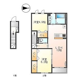JR五日市線 武蔵引田駅 徒歩11分の賃貸アパート 2階2LDKの間取り