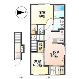 JR五日市線 東秋留駅 徒歩24分の賃貸アパート 2階2LDKの間取り