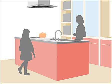 キッチンはご家族との会話が楽しめる対面カウンタータイプを採用。リビングで遊ぶお子様の様子をうかがいながらお料理もできます。