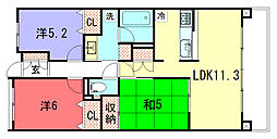 ユニーブル紫野 3階3LDKの間取り