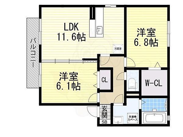 ヴィスタリアハイム A ｜大阪府羽曳野市樫山(賃貸アパート2LDK・2階・59.20㎡)の写真 その2