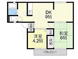 サンヴィレッジオクノD棟 2DKの間取図画像