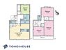 間取り：LDKは3面採光、全和洋室2面採光の住まいです。LDKには開放的な対面式キッチンやリビング階段が採用されています。1階の和室は玄関を入って左手に配置されているため、客間としてもおすすめです。