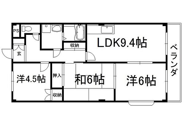 ハイツ北尾弐番館 402｜京都府京田辺市興戸八木屋(賃貸マンション3DK・4階・60.48㎡)の写真 その2