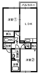 ハイツシリウスB 2階2LDKの間取り