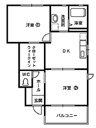 サンパル・ウエスト 1階2DKの間取り