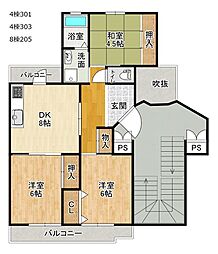 京都市深草第三市営住宅4号棟 3DKの間取図画像