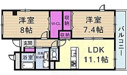 プラシード鼓が滝 2LDKの間取図画像