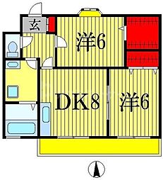 京成松戸線 上本郷駅 徒歩12分の賃貸マンション 2階2DKの間取り