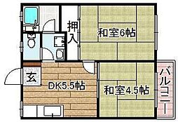 パナハイツ古曽部 2DKの間取図画像