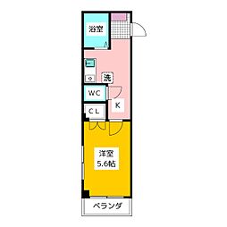 サンアムール 2階1Kの間取り