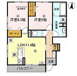 ソレイユ嵯峨野 1階2LDKの間取り