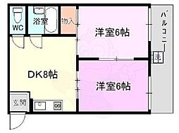 アーバンヒル太秦 2階2DKの間取り