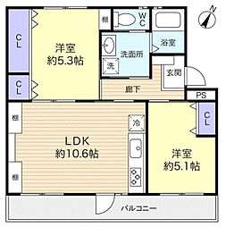 高津団地5-17 2LDKの間取図画像
