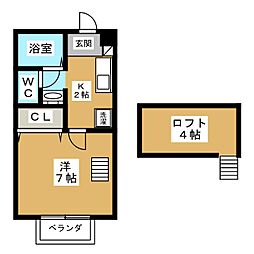 グロウス国立VII 2階1Kの間取り