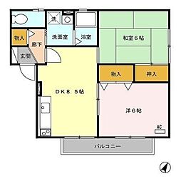 プリシアードII 2階2DKの間取り