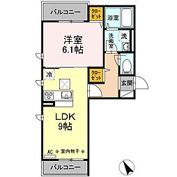 イースト河辺 2階1LDKの間取り
