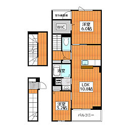 JR青梅線 河辺駅 徒歩7分の賃貸アパート 3階2LDKの間取り