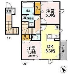 クレールコート 2階2DKの間取り