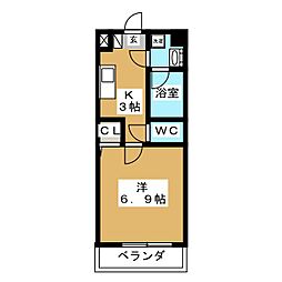 岩の入ハイツ 3階1Kの間取り