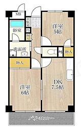 久光マンション 6階2DKの間取り