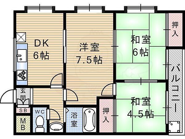 ローズマンション 201｜兵庫県伊丹市野間１丁目(賃貸マンション3DK・2階・52.00㎡)の写真 その2