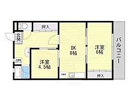 ダイキハイム摂津 2DKの間取図画像