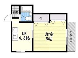コスモ武庫川 1DKの間取図画像