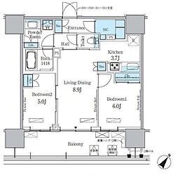 都営大江戸線 勝どき駅 徒歩12分の賃貸マンション 13階2LDKの間取り