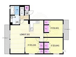 くおん嵯峨　東棟 2階3LDKの間取り