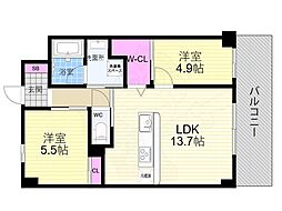 京都市営烏丸線 今出川駅 徒歩23分の賃貸マンション 5階2LDKの間取り