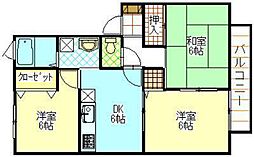 テイセキ将軍野南ハイツB 3DKの間取図画像